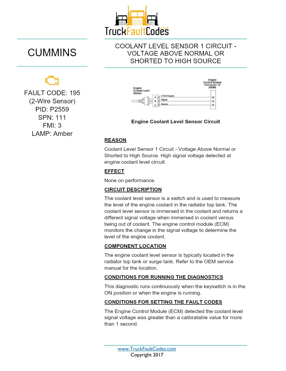 Cummins ISX12 DTC 195 Diagnostic Procedure ? Coolant Level Sensor - preview page 1 of 3