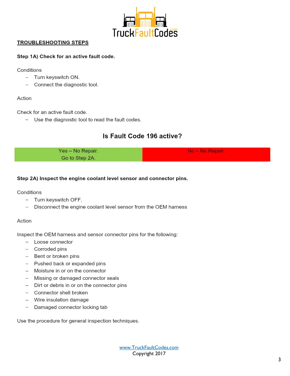 Cummins ISX12 DTC 196 Diagnostic Procedure ? Coolant Level Sensor - page 3 is available after signing in
