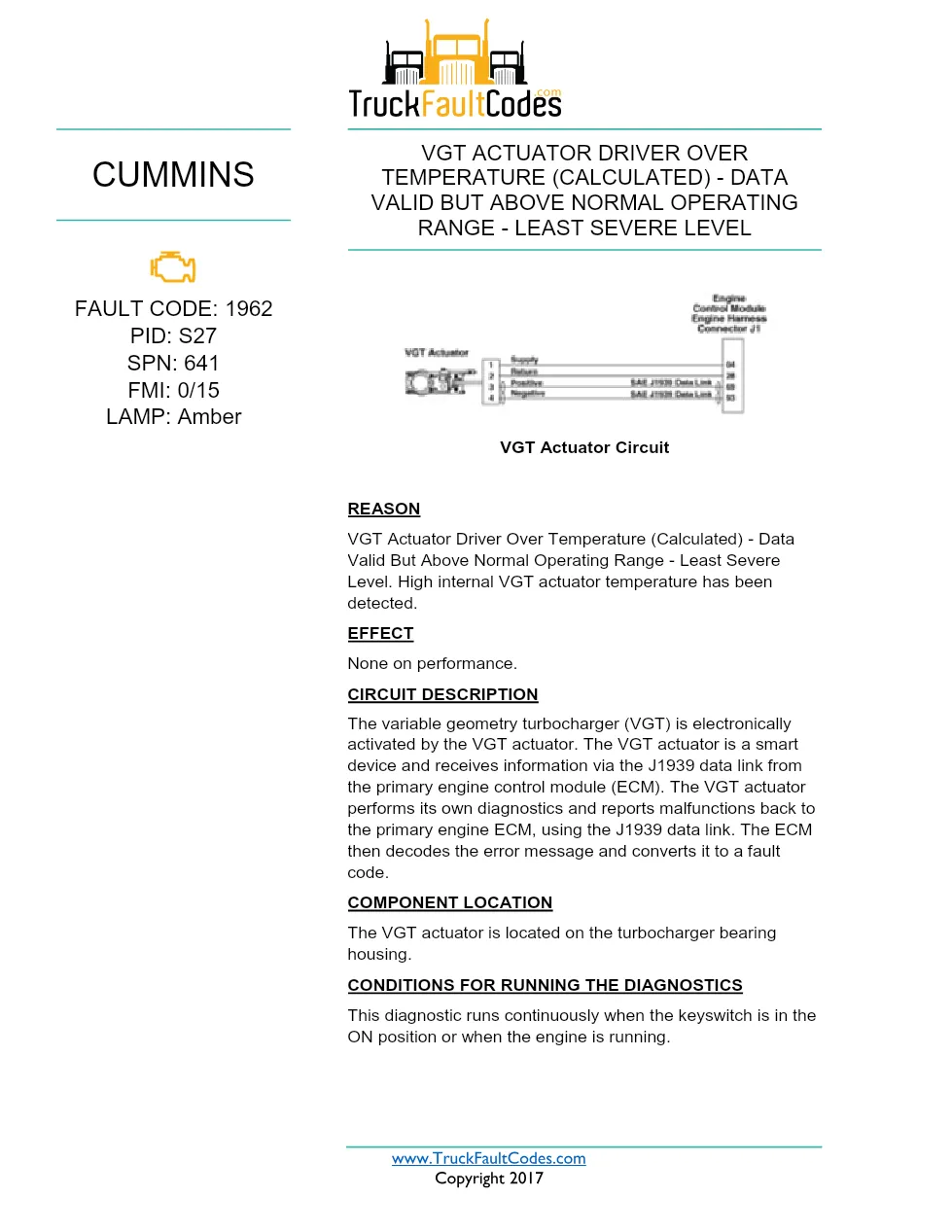 Cummins ISX12 DTC 1962 Diagnostic Procedure ? VGT Actuator Driver - preview page 1 of 3