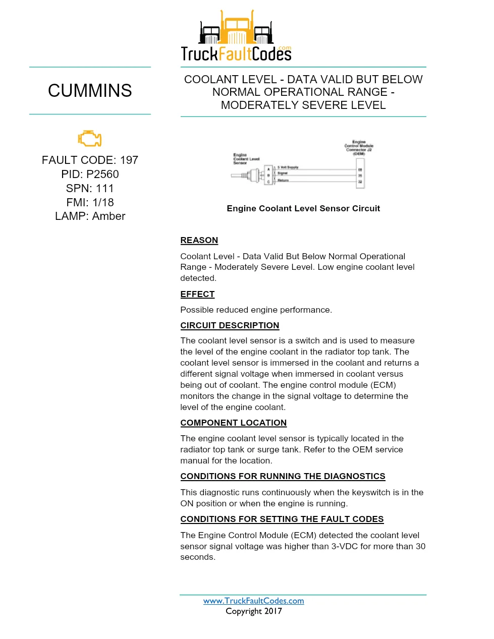 Cummins ISX12 DTC 197 Diagnostic Procedure ? Coolant Level – Data - preview page 1 of 3