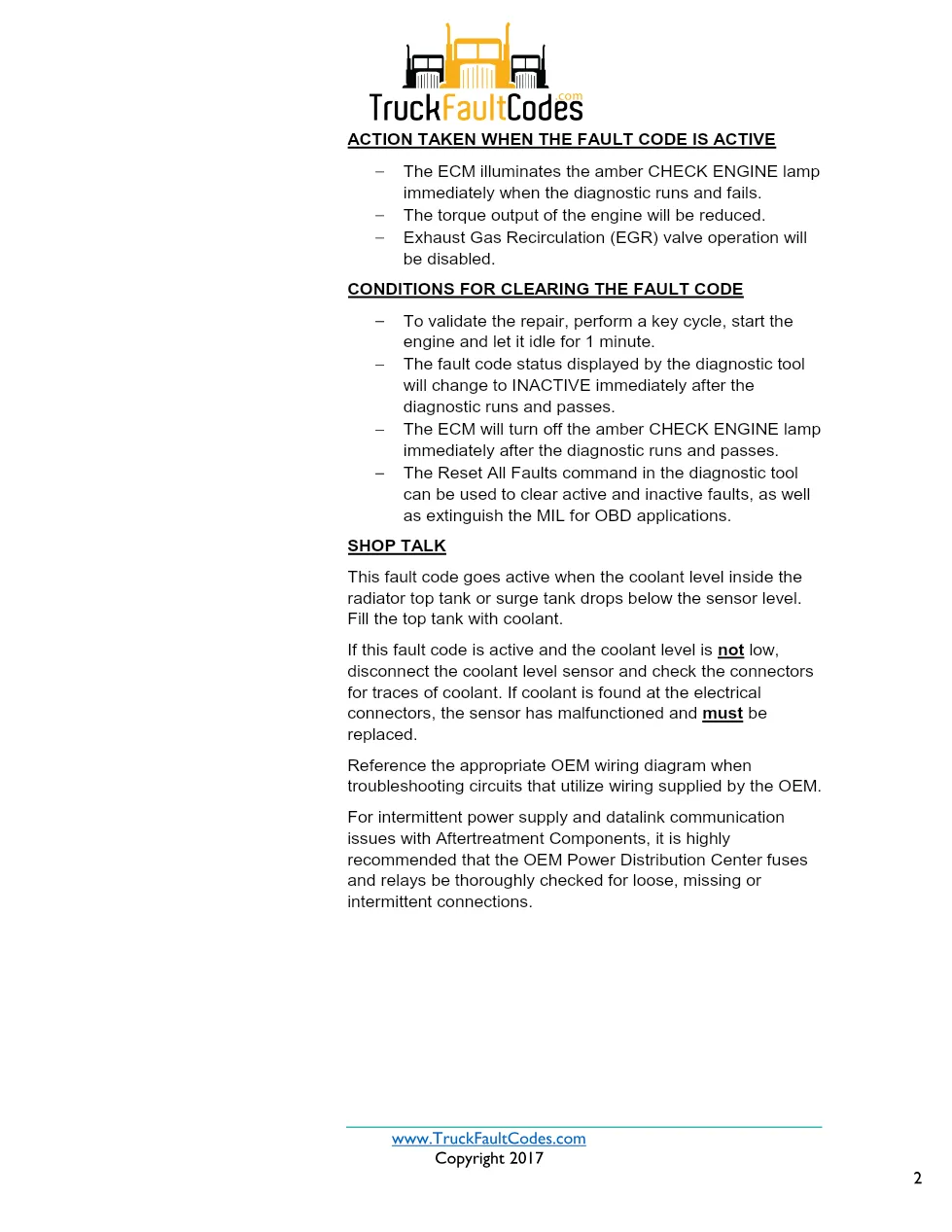 Cummins ISX12 DTC 197 Diagnostic Procedure ? Coolant Level – Data - preview page 2 of 3