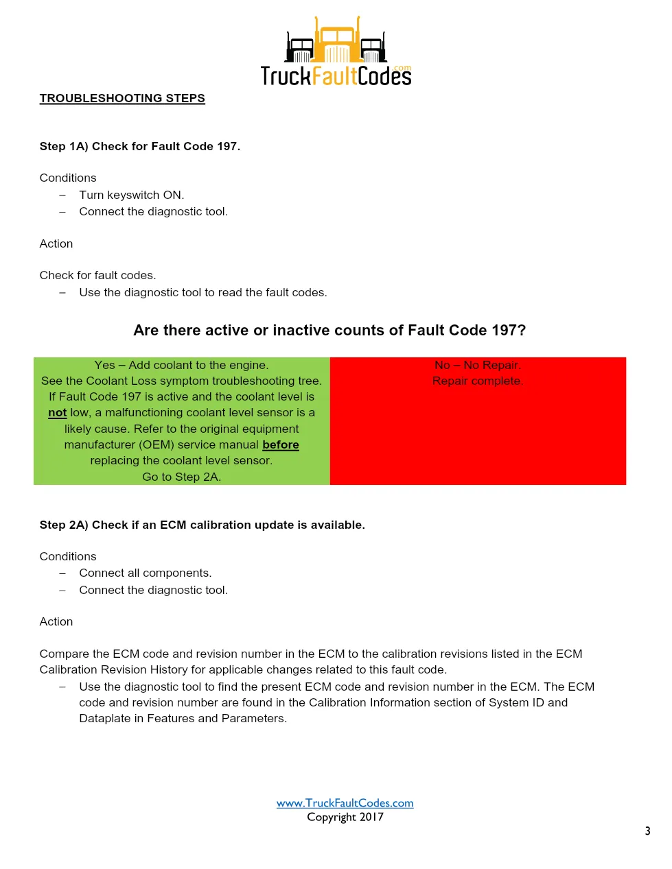 Cummins ISX12 DTC 197 Diagnostic Procedure ? Coolant Level – Data - page 3 is available after signing in