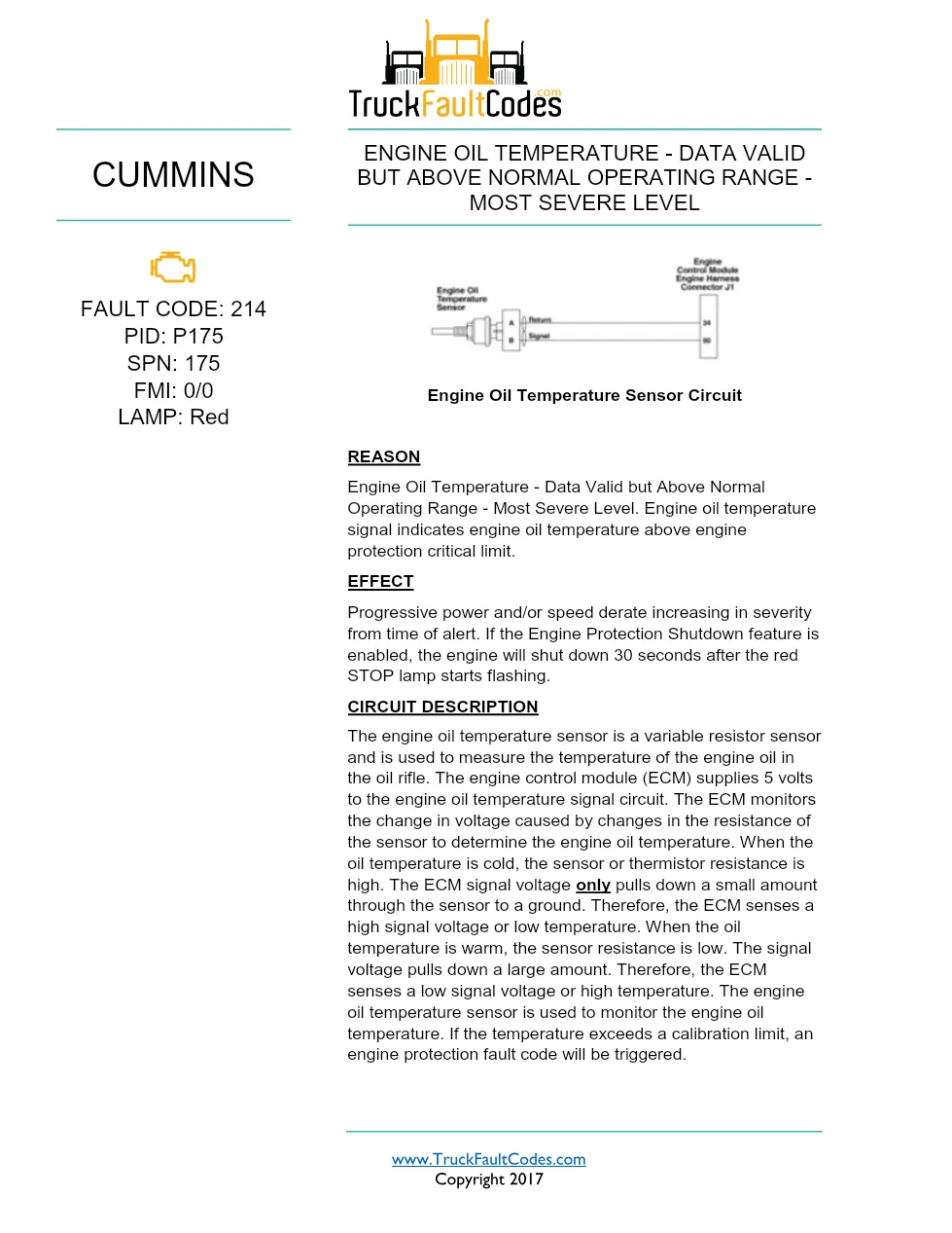 Cummins ISX12 DTC 214 Diagnostic Procedure ? Engine Oil – 5 pages - preview page 1 of 3
