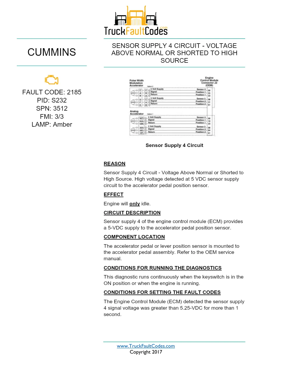 Cummins ISX12 DTC 2185 Diagnostic Procedure ? Sensor Supply 4 - preview page 1 of 3