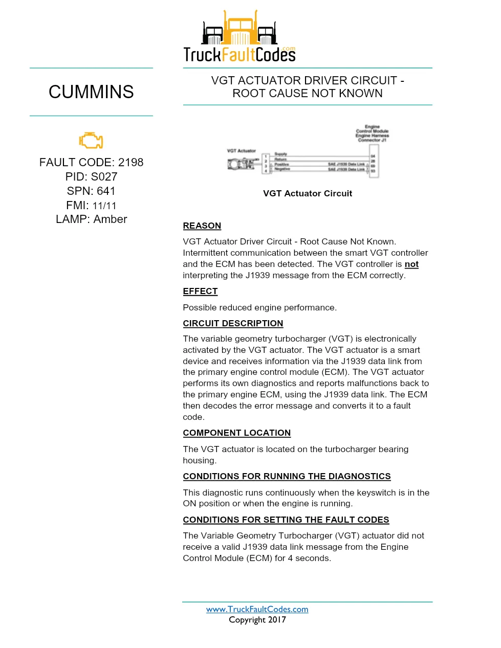 Cummins ISX12 DTC 2198 Diagnostic Procedure ? VGT Actuator Driver - preview page 1 of 3