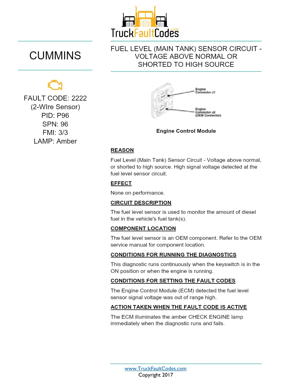 Cummins ISX12 DTC 2222 Diagnostic Procedure ? Fuel Level (Main - preview page 1 of 3