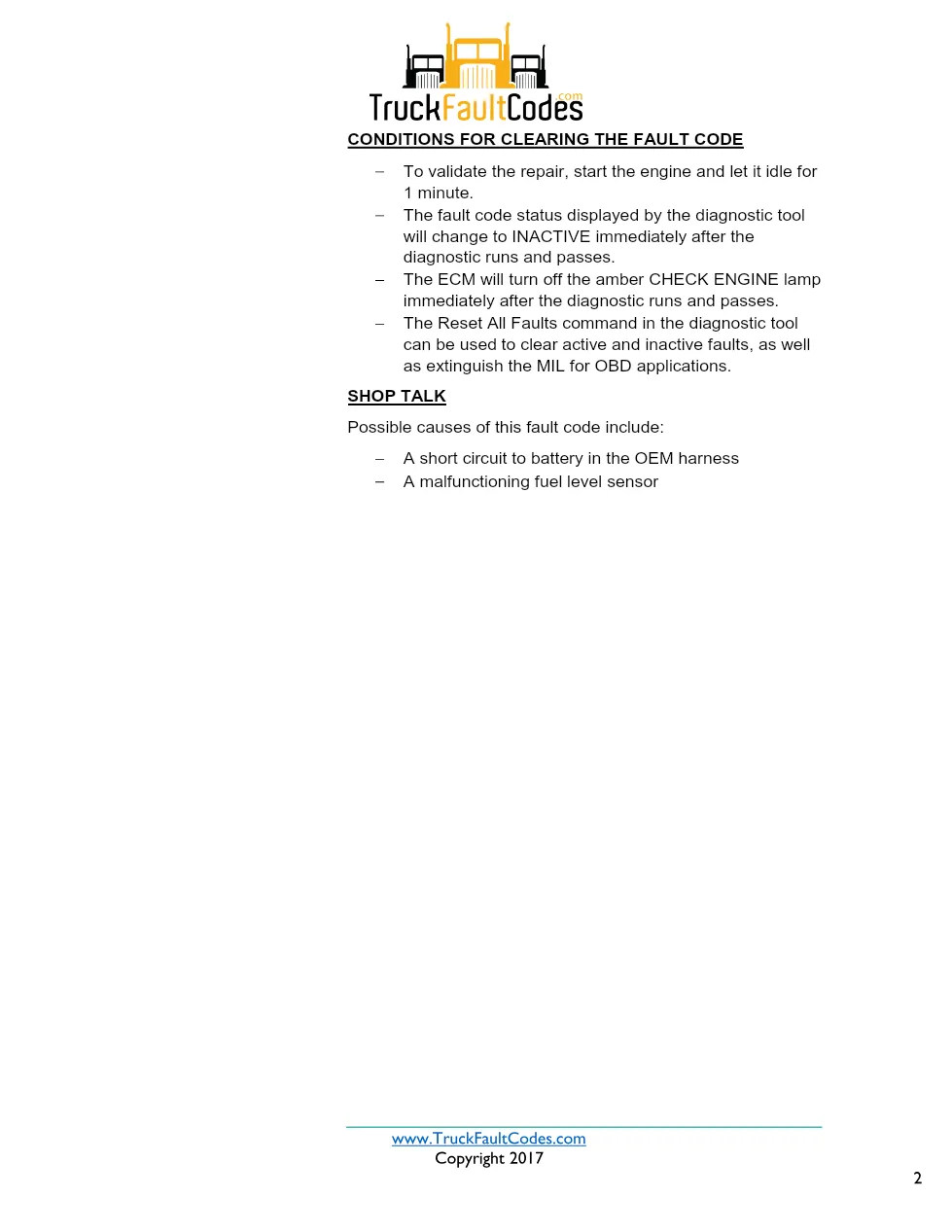 Cummins ISX12 DTC 2222 Diagnostic Procedure ? Fuel Level (Main - preview page 2 of 3