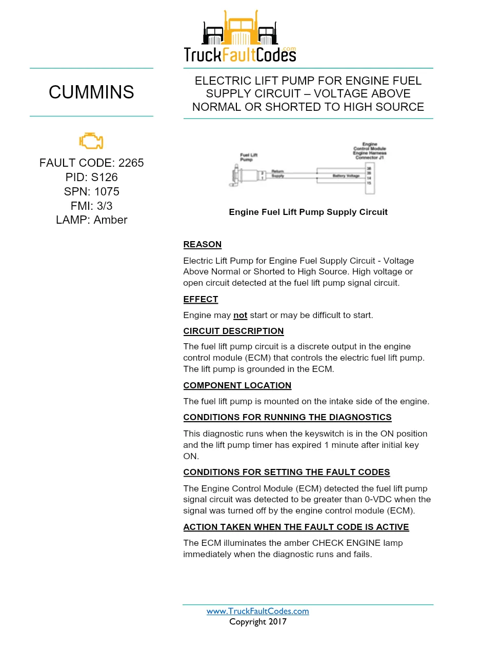 Cummins ISX12 DTC 2265 Diagnostic Procedure ? Electric Lift Pump - preview page 1 of 3
