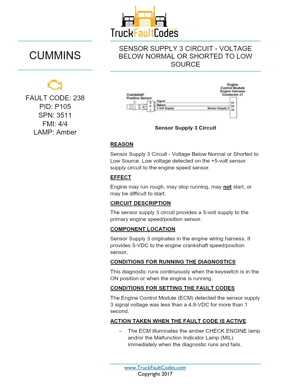 Cummins ISX12 DTC 238 Diagnostic Procedure ? Sensor Supply 3 - preview page 1 of 3