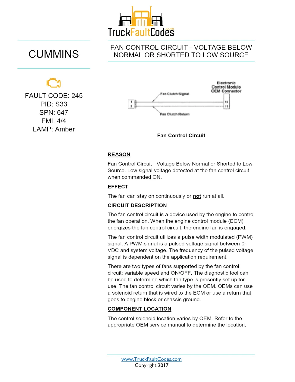 Cummins ISX12 DTC 245 Diagnostic Procedure ? Fan Control Circuit - preview page 1 of 3