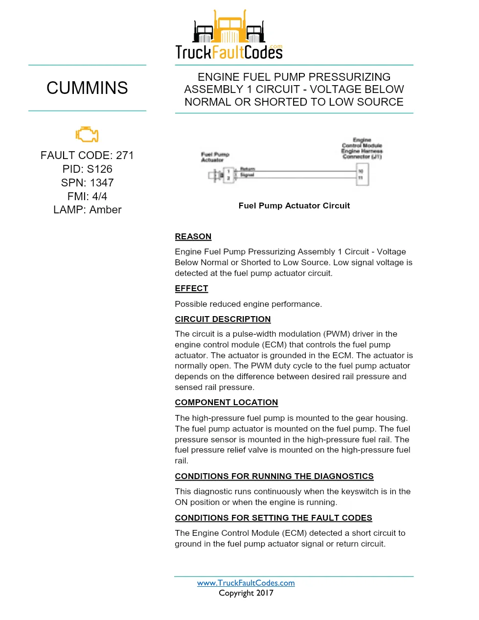 Cummins ISX12 DTC 271 Diagnostic Procedure ? Engine Fuel Pump - preview page 1 of 3