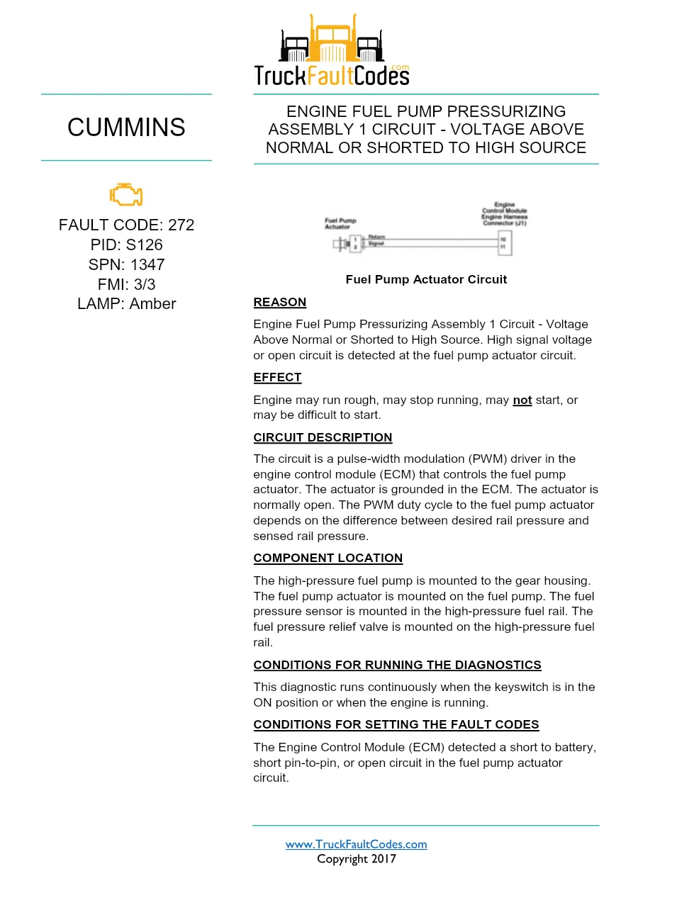 Cummins ISX12 DTC 272 Diagnostic Procedure ? Engine Fuel Pump - preview page 1 of 3