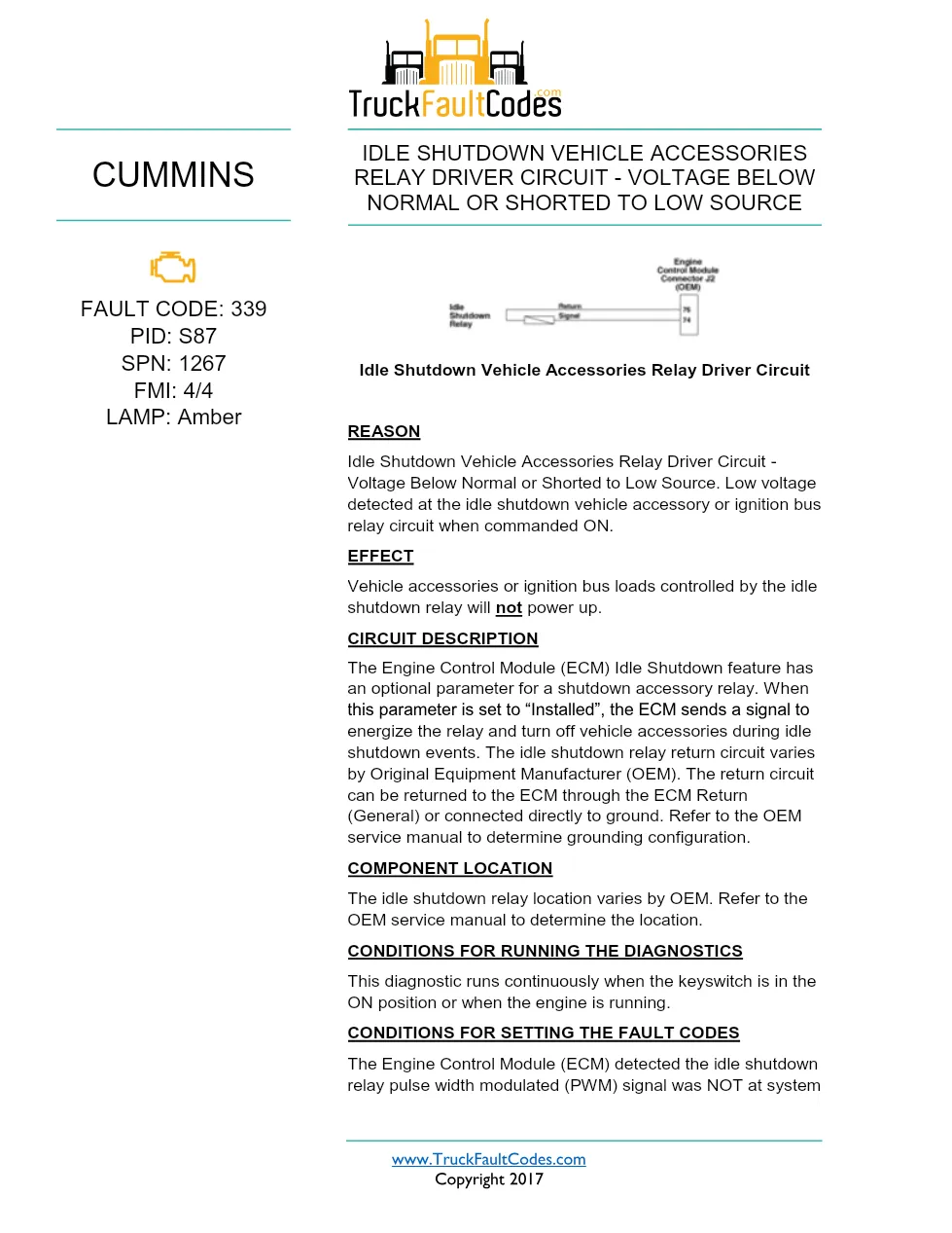 Cummins ISX12 DTC 339 Diagnostic Procedure ? Idle Shutdown – PDF - preview page 1 of 3