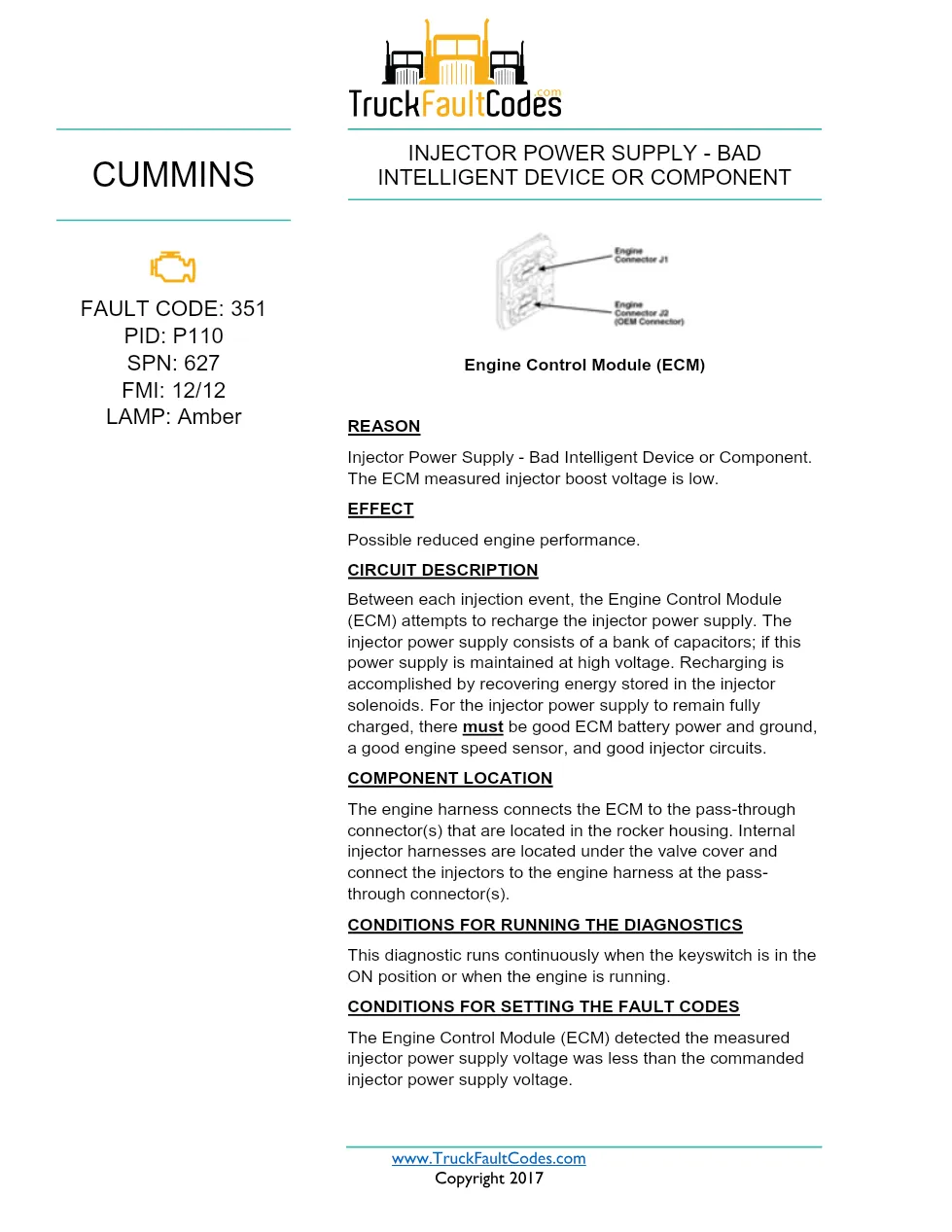 Cummins ISX12 DTC 351 Diagnostic Procedure ? Injector Power – PDF - preview page 1 of 3