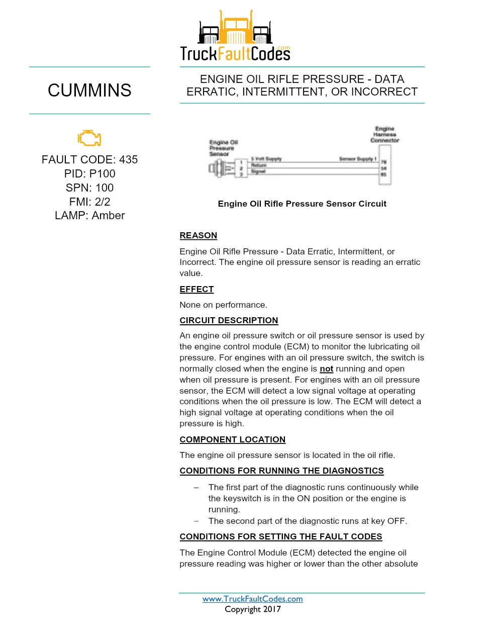 Cummins ISX12 DTC 435 Diagnostic Procedure ? Engine Oil Rifle - preview page 1 of 3