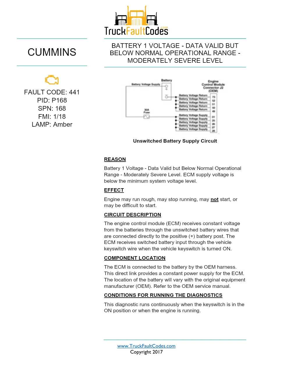 Cummins ISX12 DTC 441 Diagnostic Procedure ? Battery 1 Voltage - preview page 1 of 3