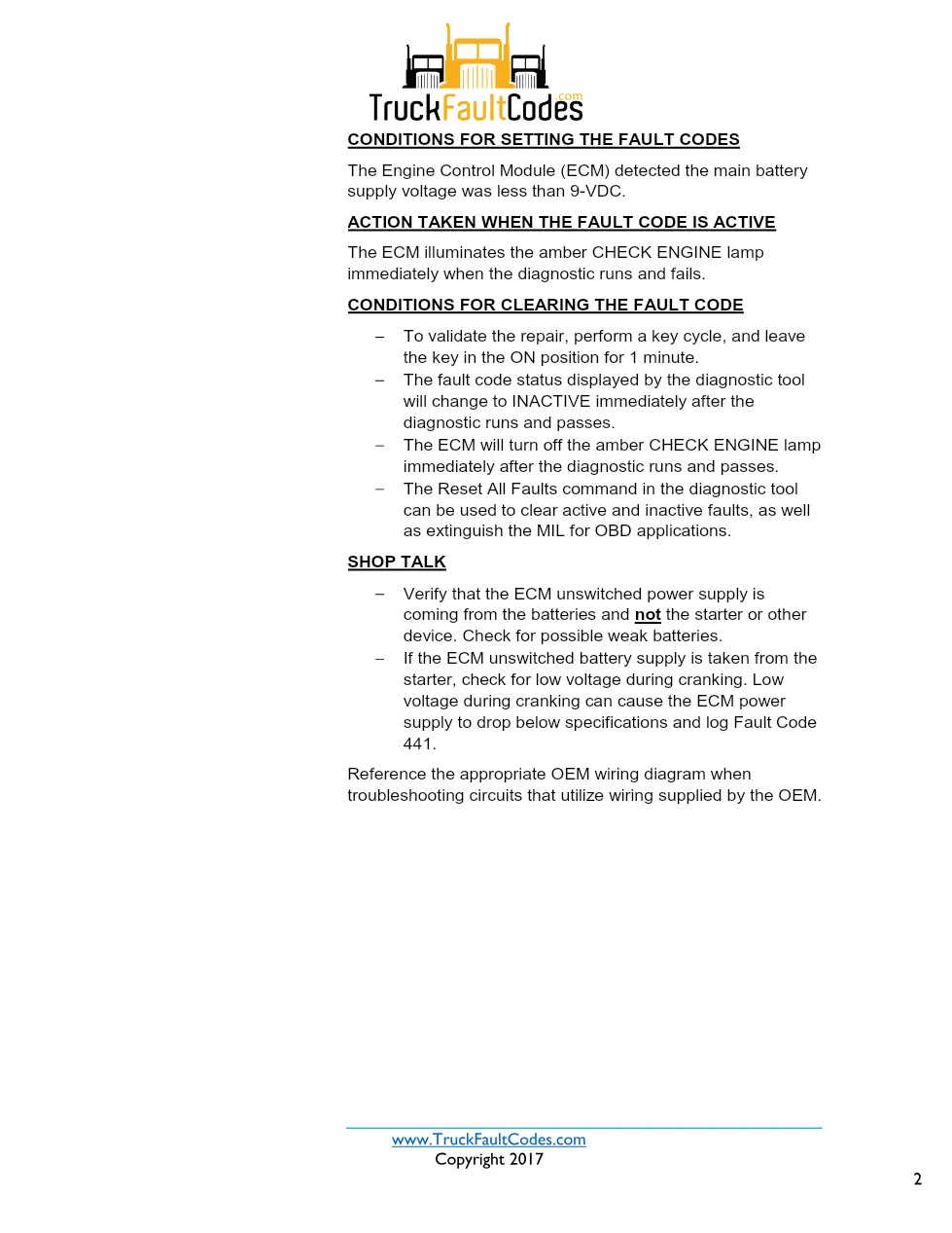 Cummins ISX12 DTC 441 Diagnostic Procedure ? Battery 1 Voltage - preview page 2 of 3