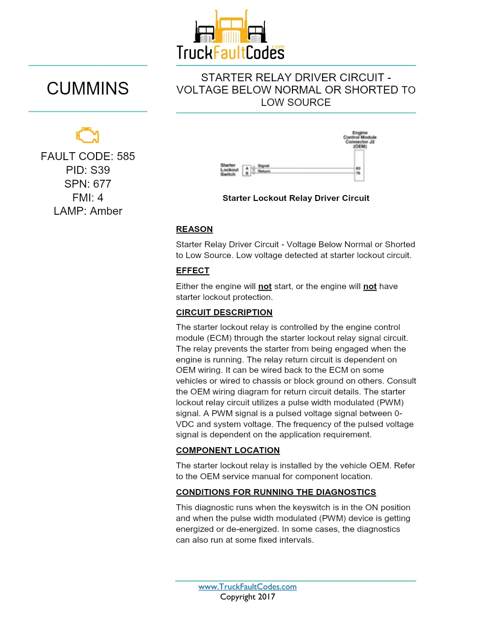 Cummins ISX12 DTC 585 Diagnostic Procedure ? Starter Relay Driver - preview page 1 of 3