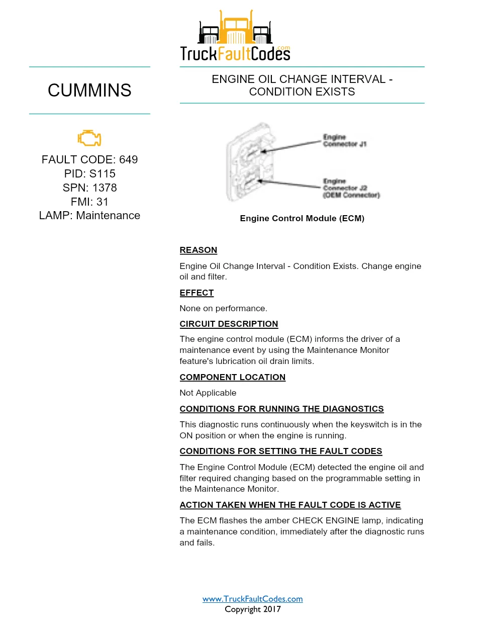 Cummins ISX12 DTC 649 Diagnostic Procedure ? Engine Oil Change - preview page 1 of 3