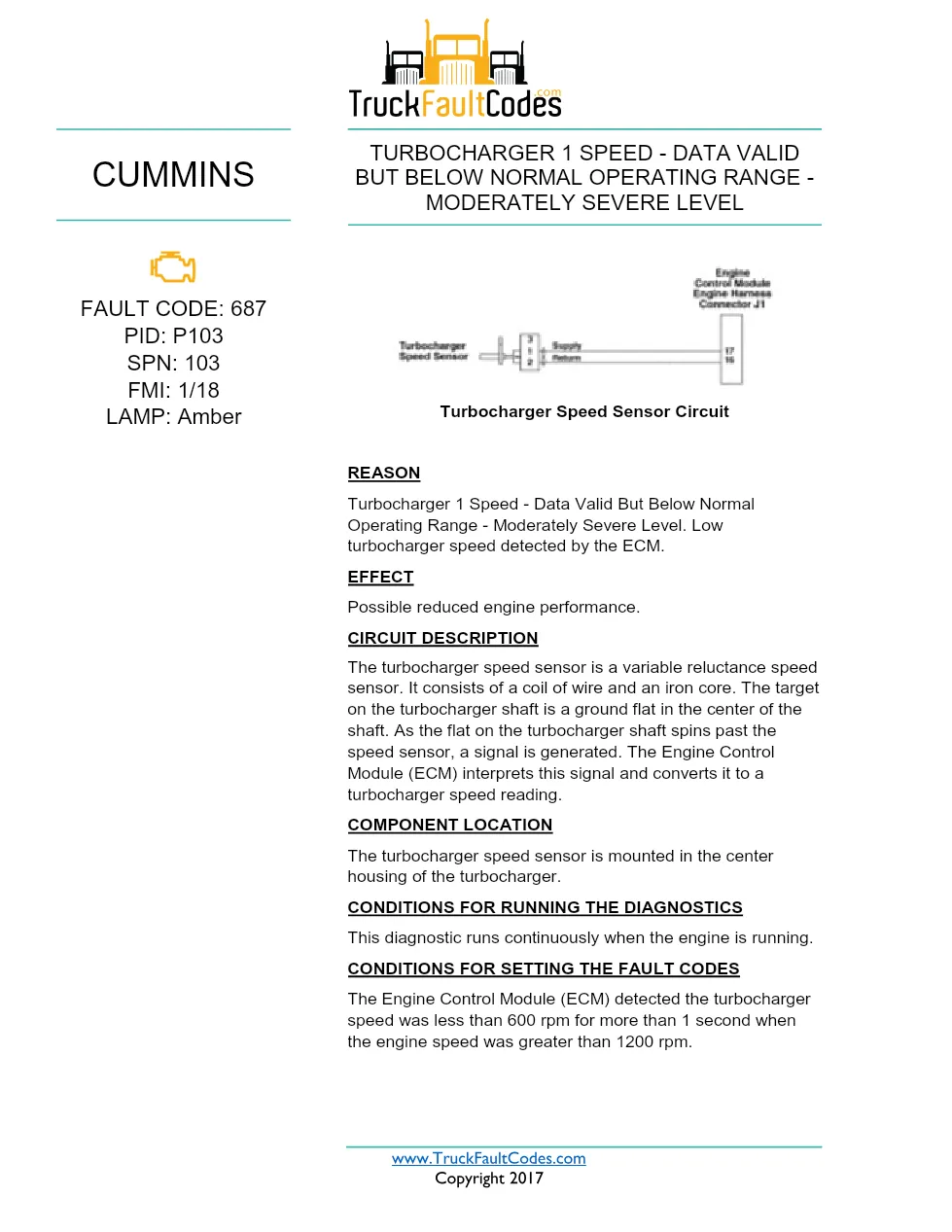 Cummins ISX12 DTC 687 Diagnostic Procedure ? Turbocharger 1 Speed - preview page 1 of 3