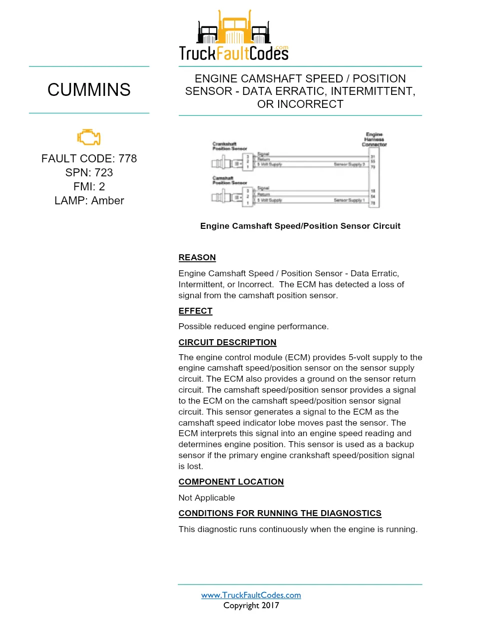 Cummins ISX12 DTC 778 Diagnostic Procedure ? Engine Camshaft - preview page 1 of 3