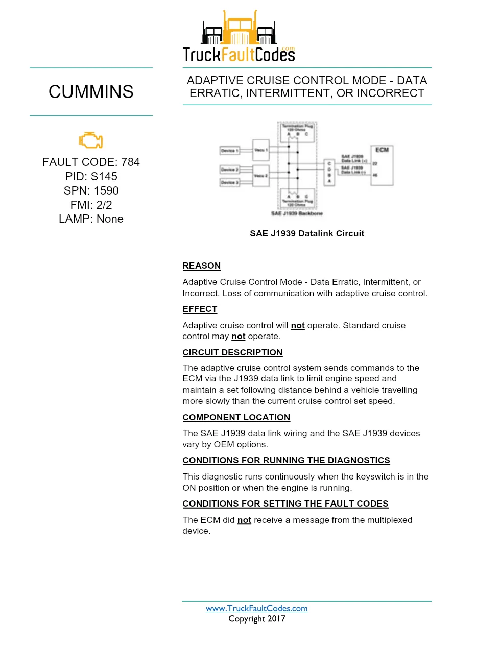 Cummins ISX12 DTC 784 Diagnostic Procedure ? Adaptive Cruise - preview page 1 of 3