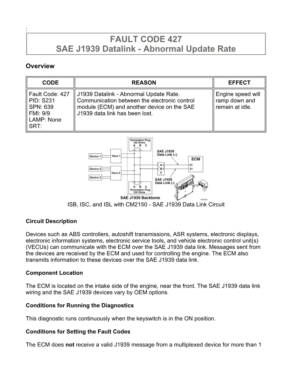 Cummins J1939 fault 427 troubleshooting manual — Code 427.pdf - preview page 1 of 3