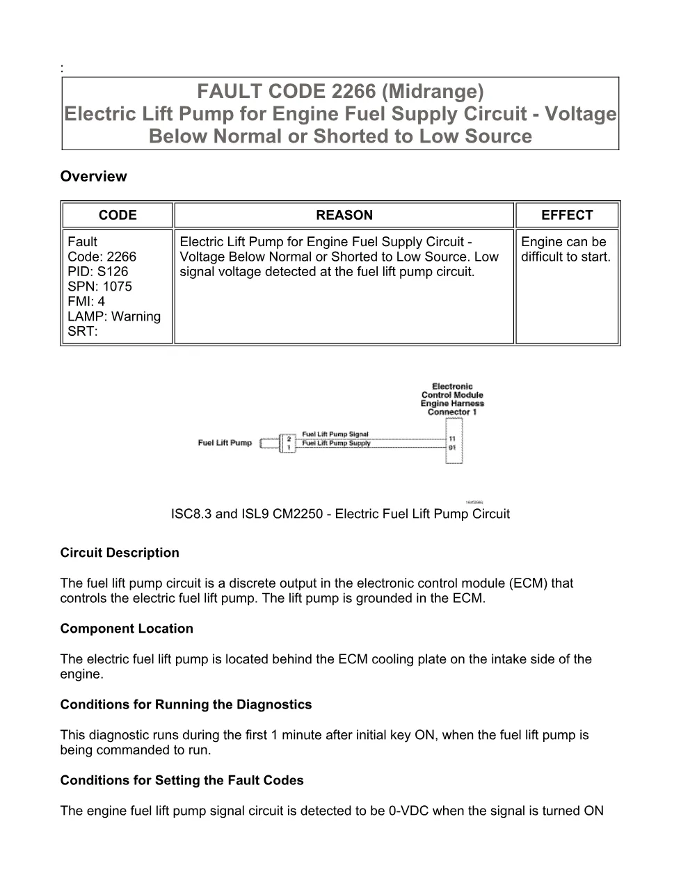Cummins lift pump fault troubleshooting manual — Fault Code 2266 - preview page 1 of 3