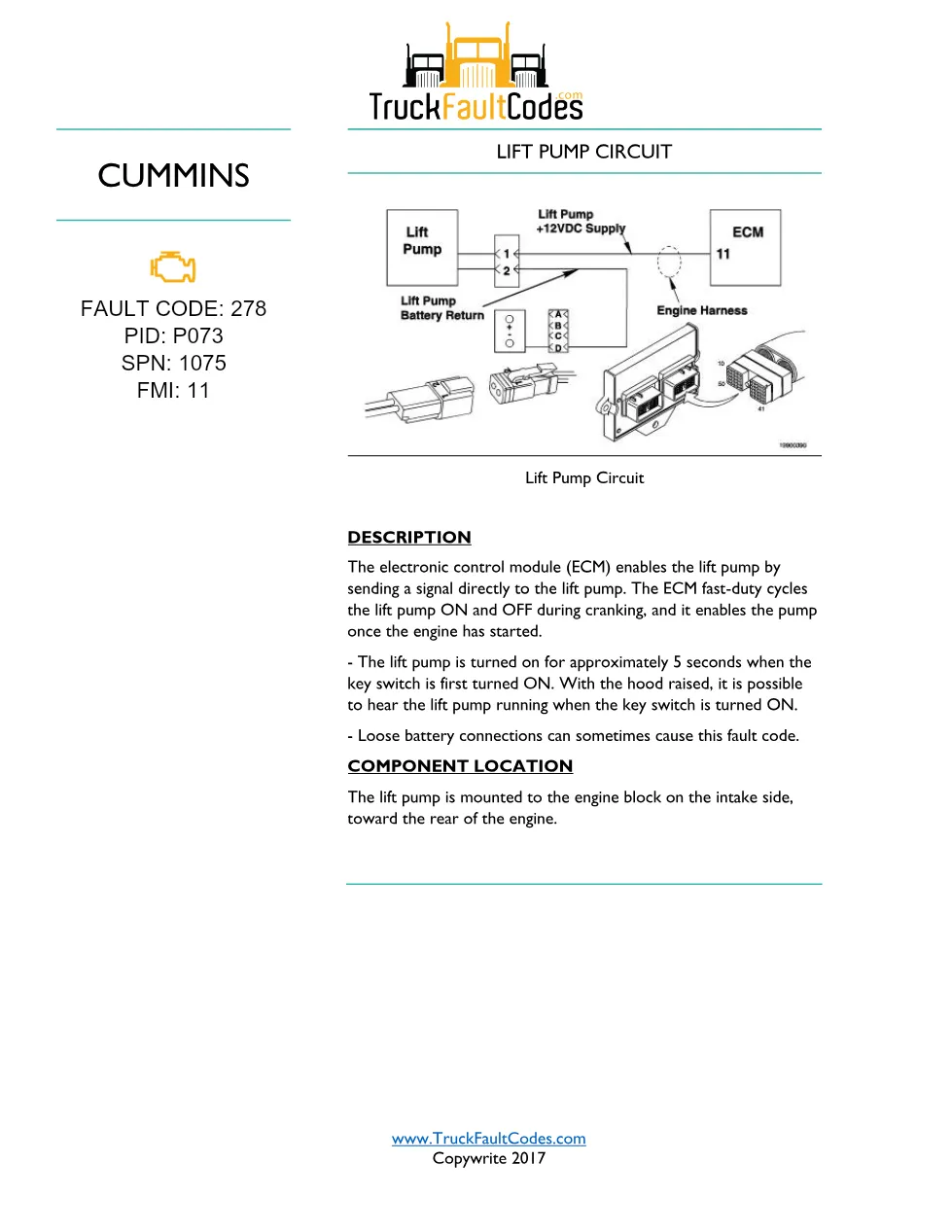 Cummins lift pump troubleshooting — Fault Code 278 — PDF, 6 pages - preview page 1 of 3