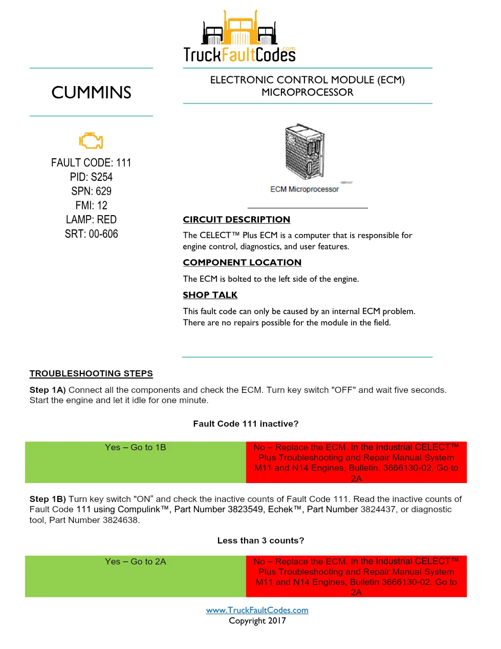 Cummins M11 code 111 — ECM microprocessor fault (SPN 629, FMI 12) - preview page 1 of 2