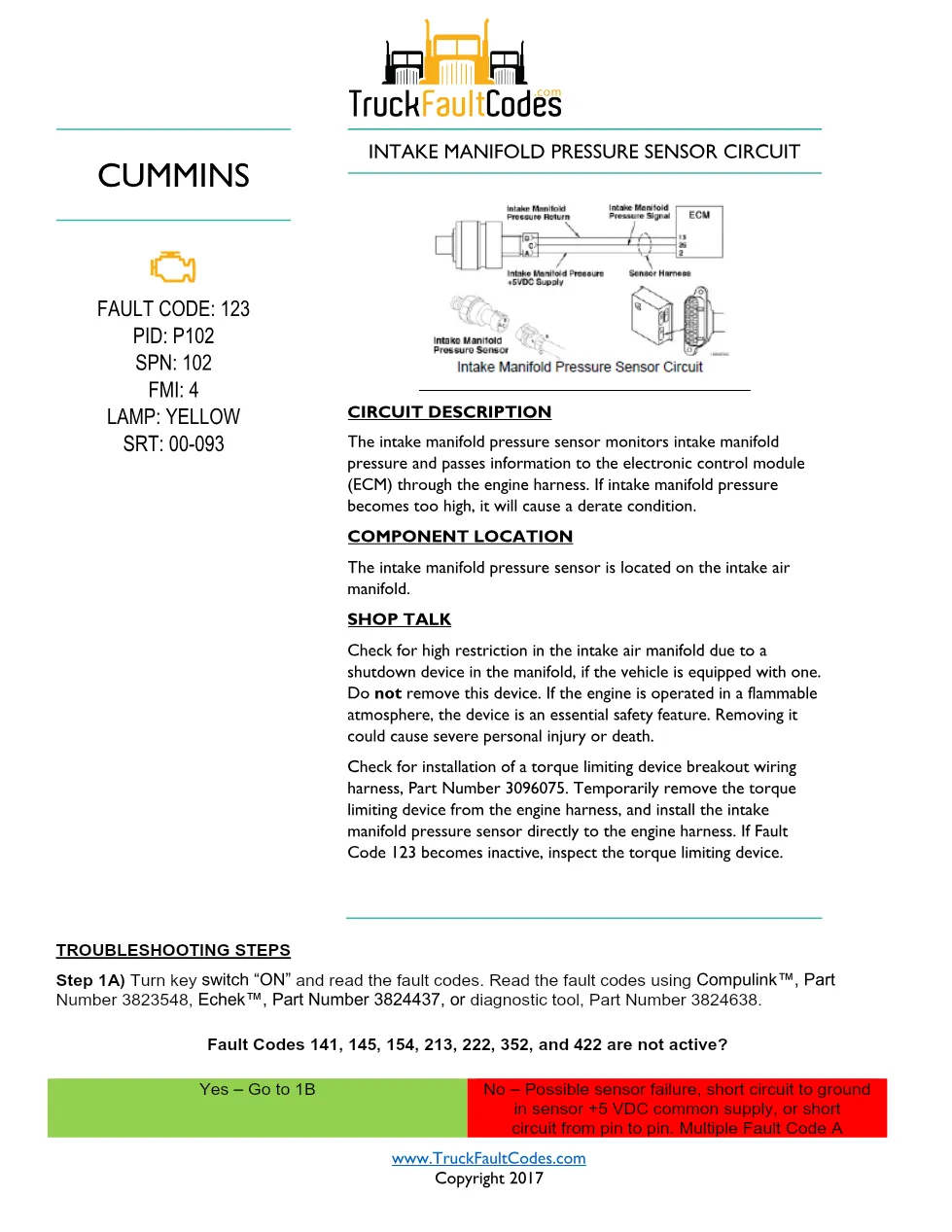 Cummins M11 code 123 — Intake manifold pressure sensor circuit - preview page 1 of 6