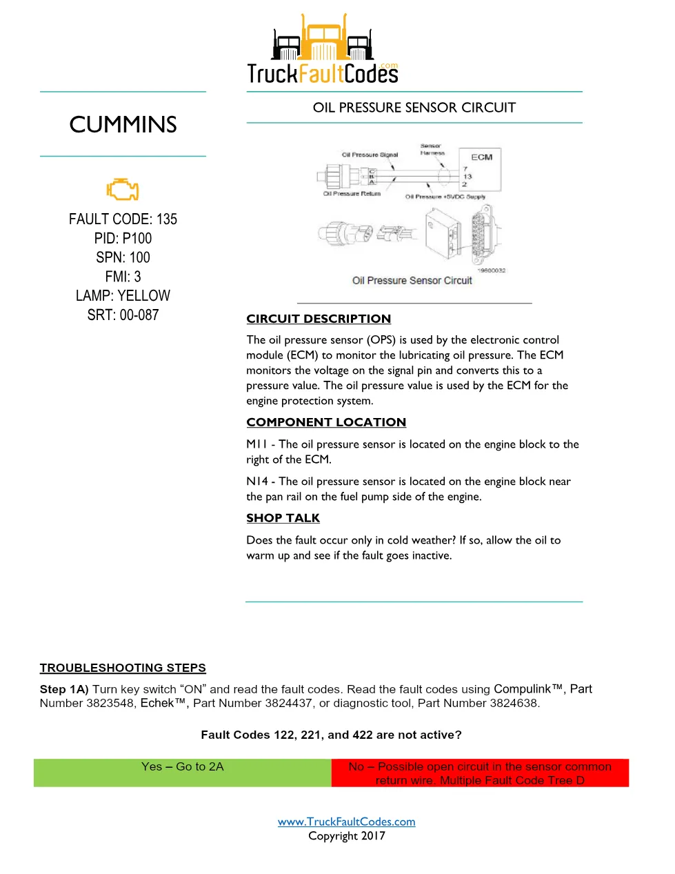 Cummins M11 code 135 — Oil pressure sensor circuit (SPN 100, FMI - preview page 1 of 6