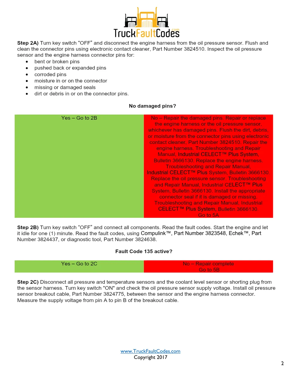 Cummins M11 code 135 — Oil pressure sensor circuit (SPN 100, FMI - preview page 2 of 6