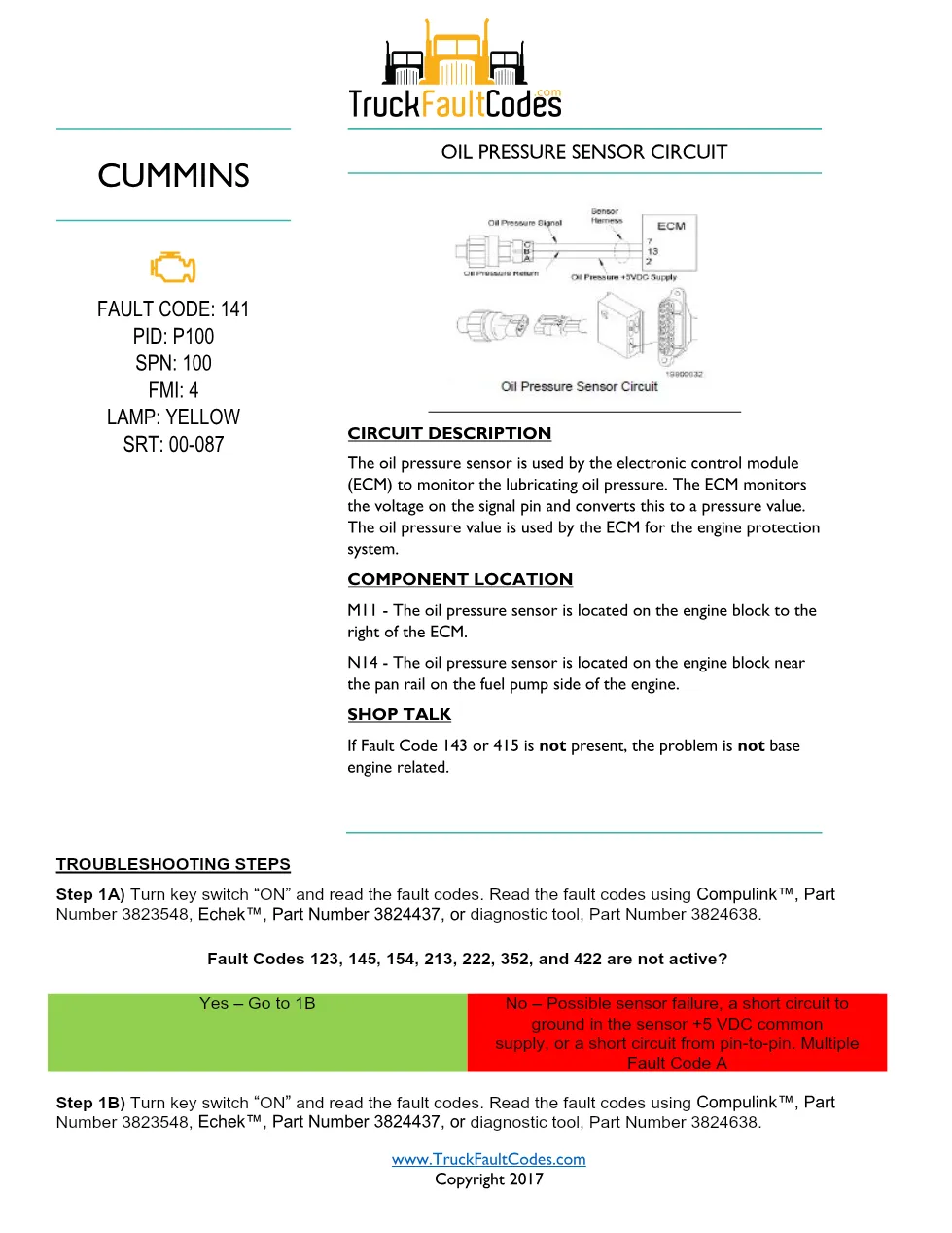 Cummins M11 code 141 — Oil pressure sensor circuit (SPN 100, FMI - preview page 1 of 6