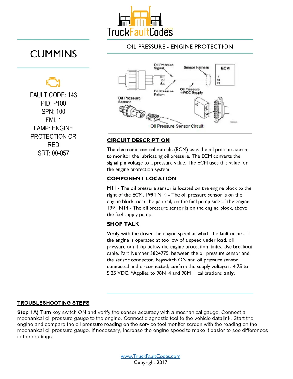 Cummins M11 code 143 oil pressure engine protection circuit - preview page 1 of 2