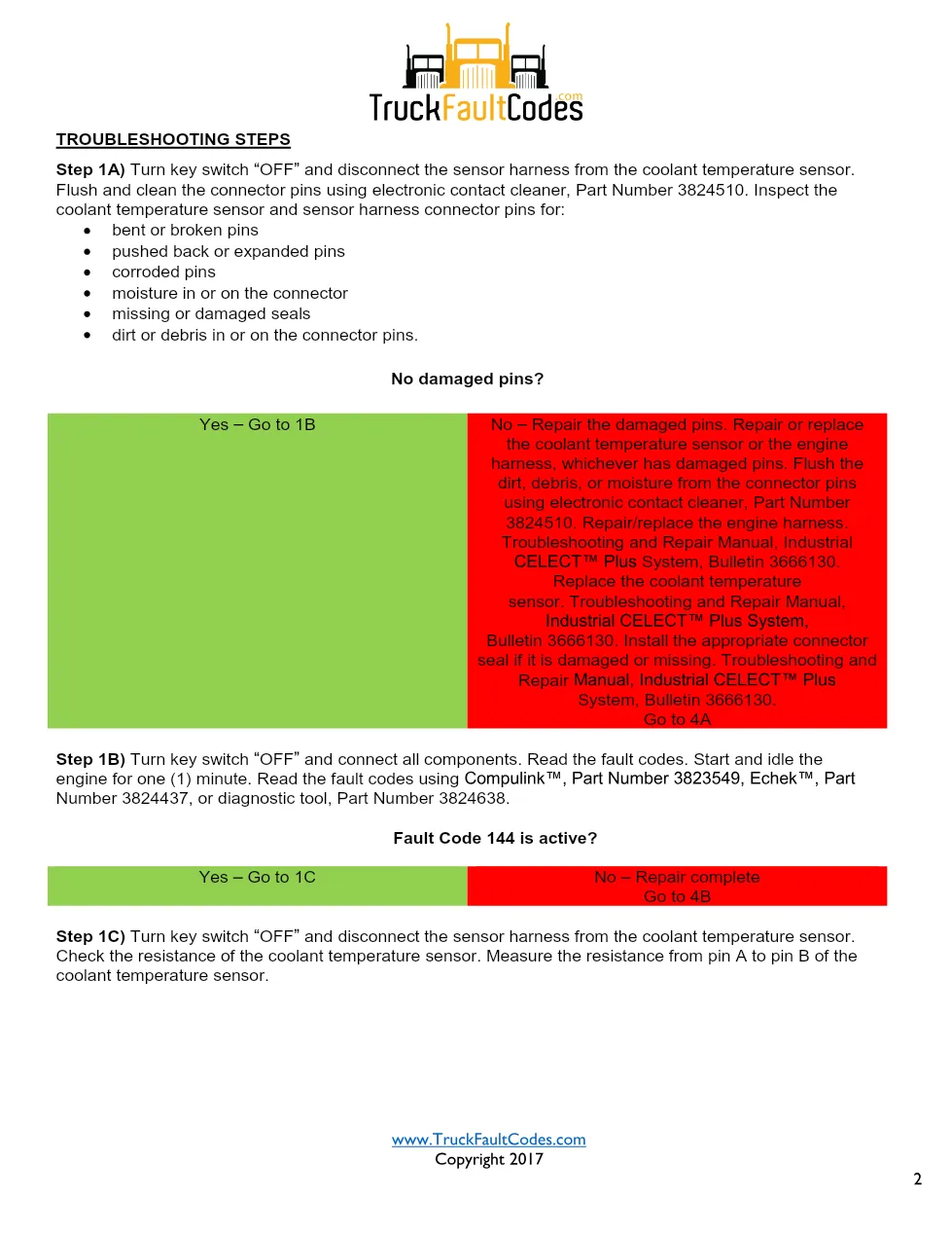 Cummins M11 code 144 — Coolant temperature sensor circuit (SPN - preview page 2 of 5
