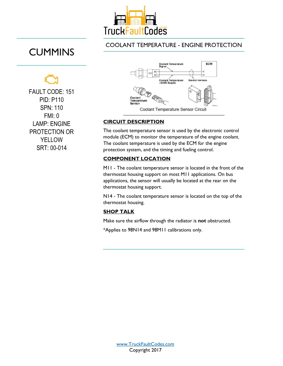 Cummins M11 code 151 — Coolant temperature engine protection (SPN - preview page 1 of 2