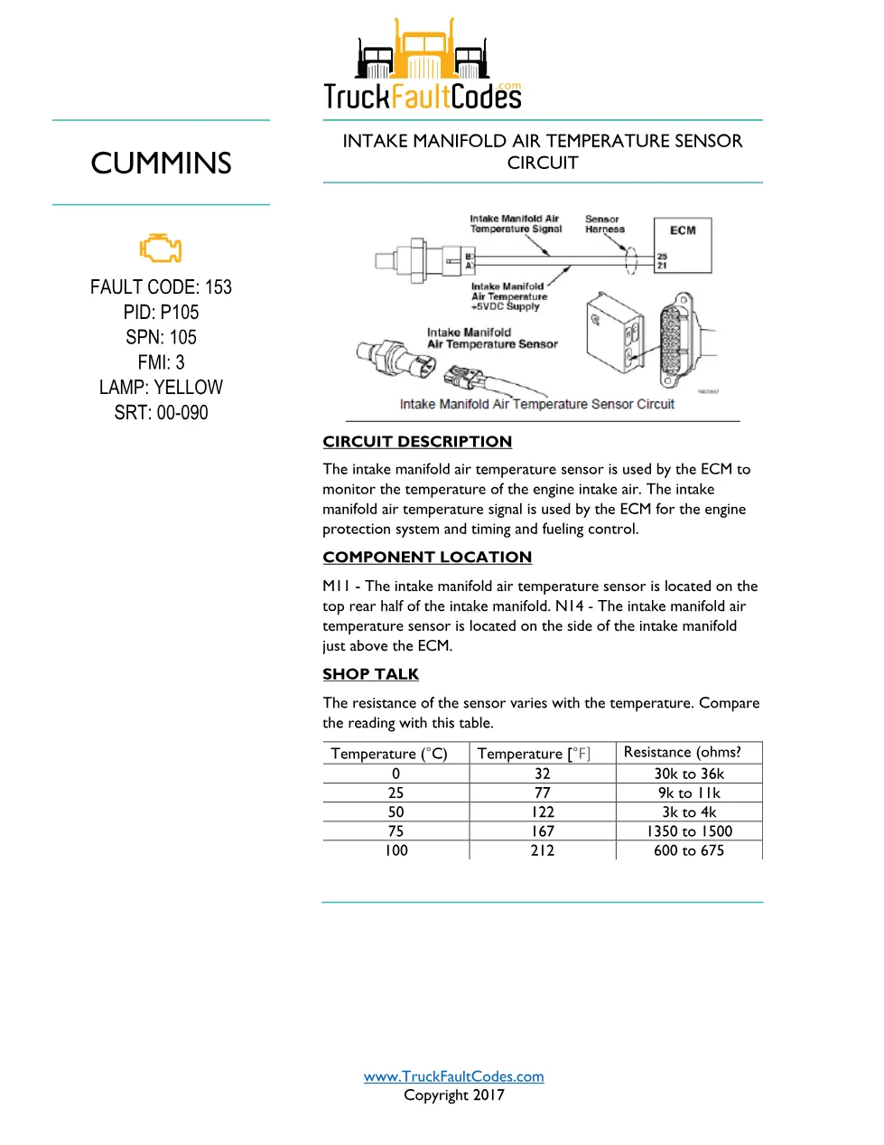 Cummins M11 code 153 — Intake Air Temperature Sensor Circuit - preview page 1 of 4