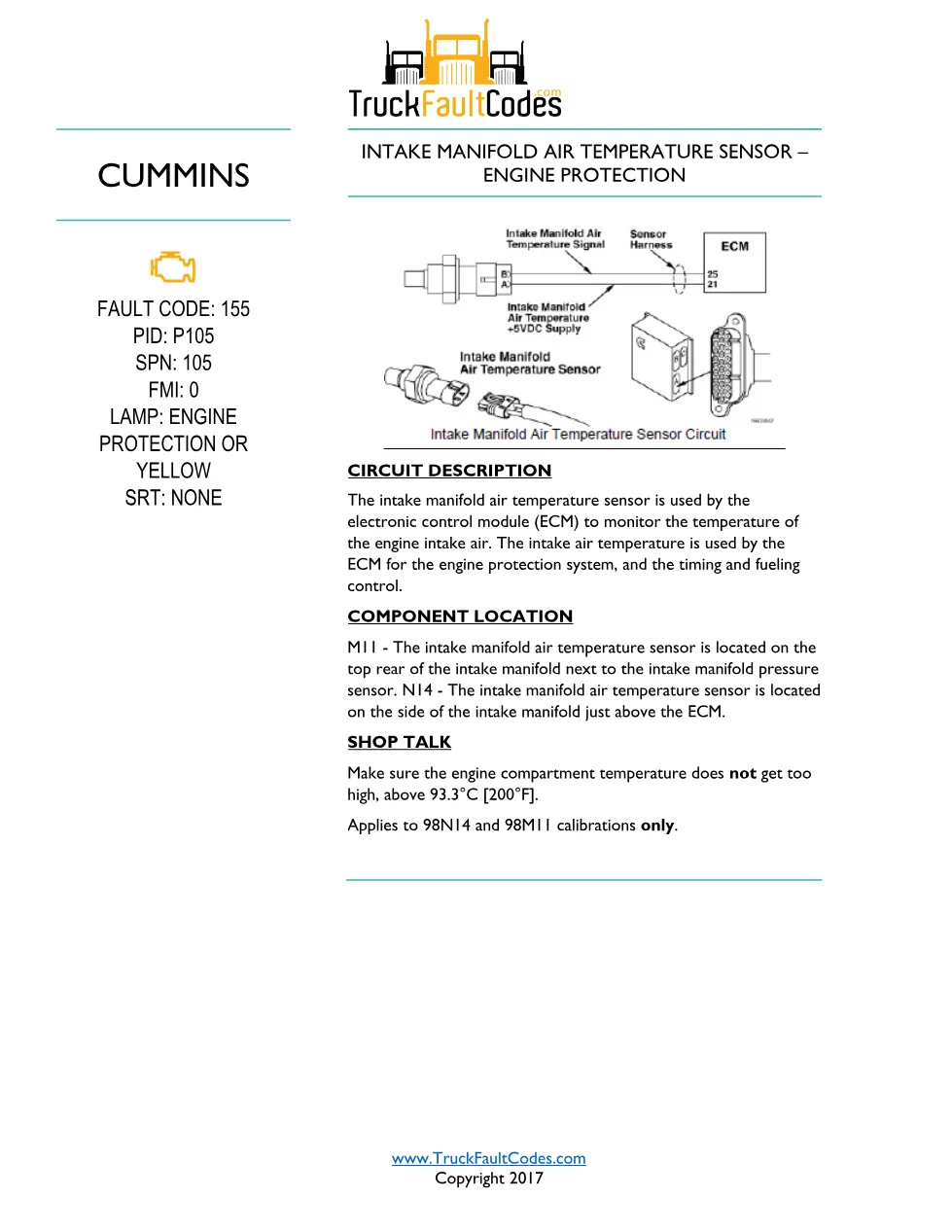 Cummins M11 code 155 — Intake Air Temperature Engine Protection - preview page 1 of 2