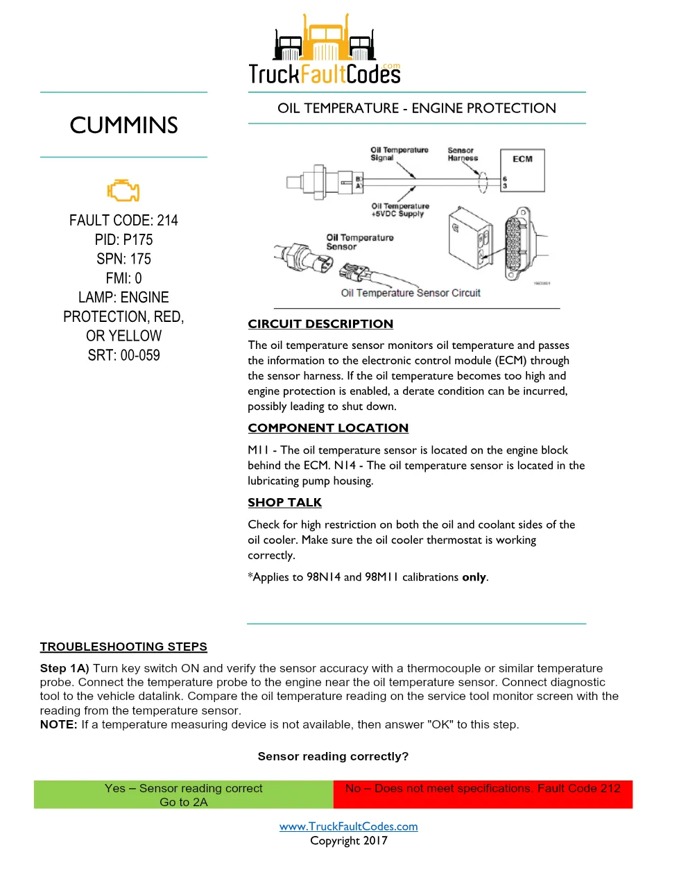 Cummins M11 code 214 — Oil Temperature Engine Protection Fault - preview page 1 of 2