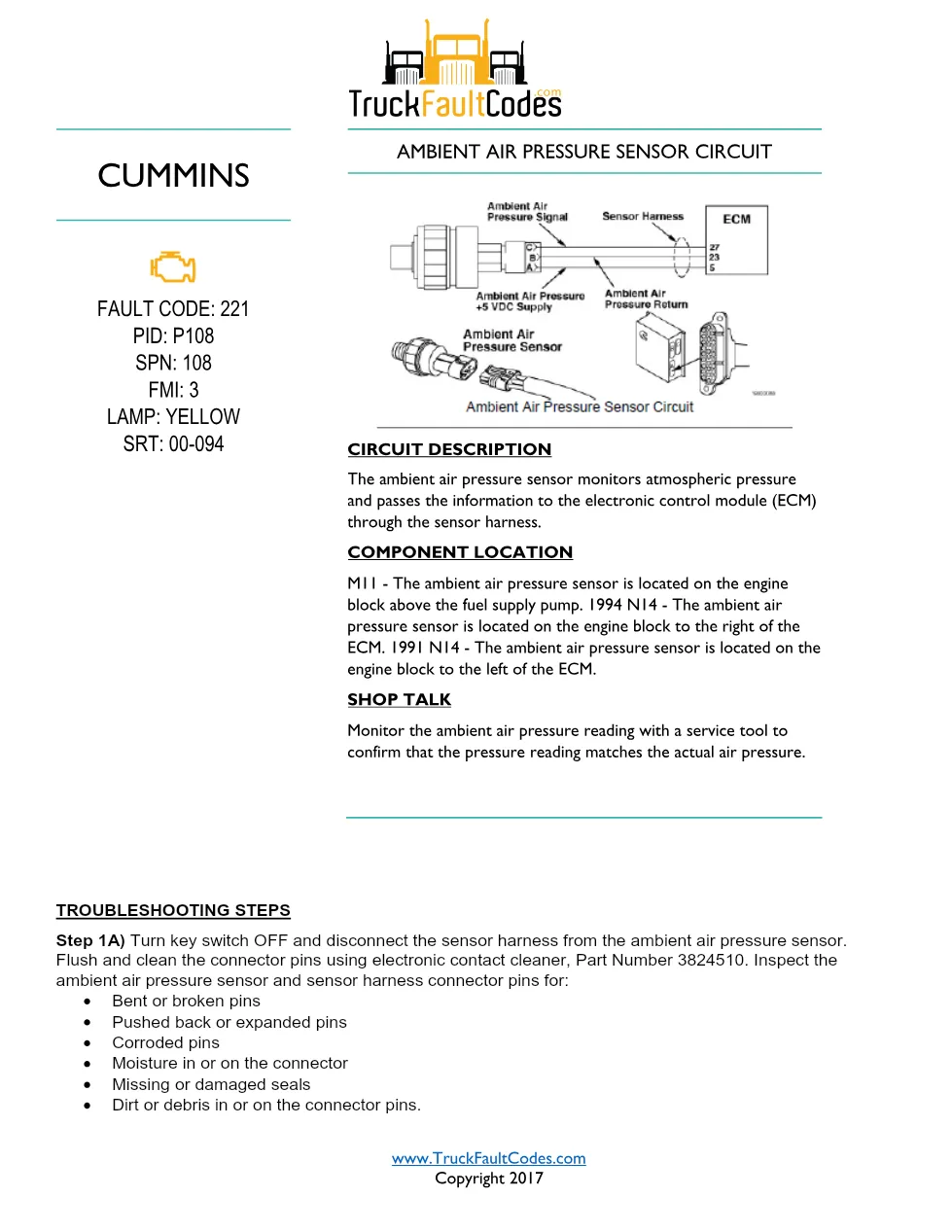 Cummins M11 code 221 — Ambient Air Pressure Sensor Circuit Fault - preview page 1 of 6