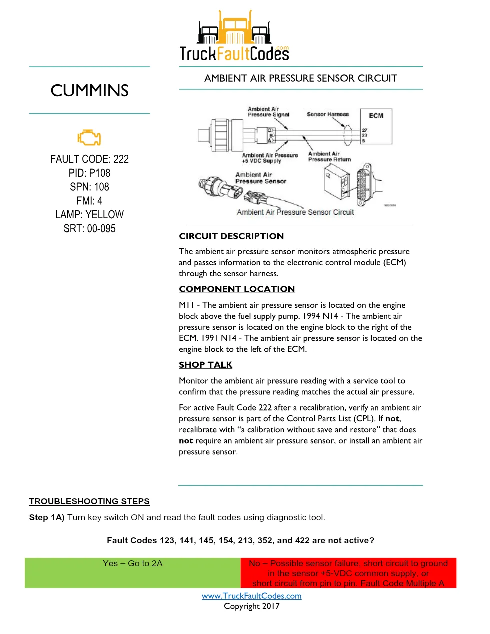 Cummins M11 code 222 — Ambient Air Pressure Sensor Circuit Fault - preview page 1 of 6