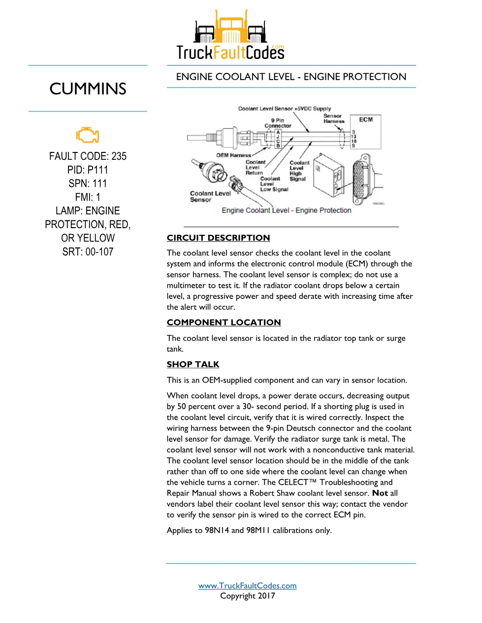 Cummins M11 code 235 — Engine Coolant Level Protection Fault Code - preview page 1 of 4