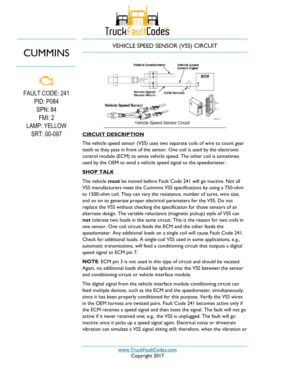 Cummins M11 code 241 — Vehicle Speed Sensor Circuit Fault Code - preview page 1 of 6