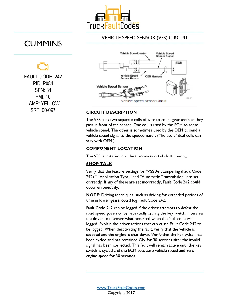 Cummins M11 code 242 — Vehicle Speed Sensor Circuit Fault Code - preview page 1 of 4