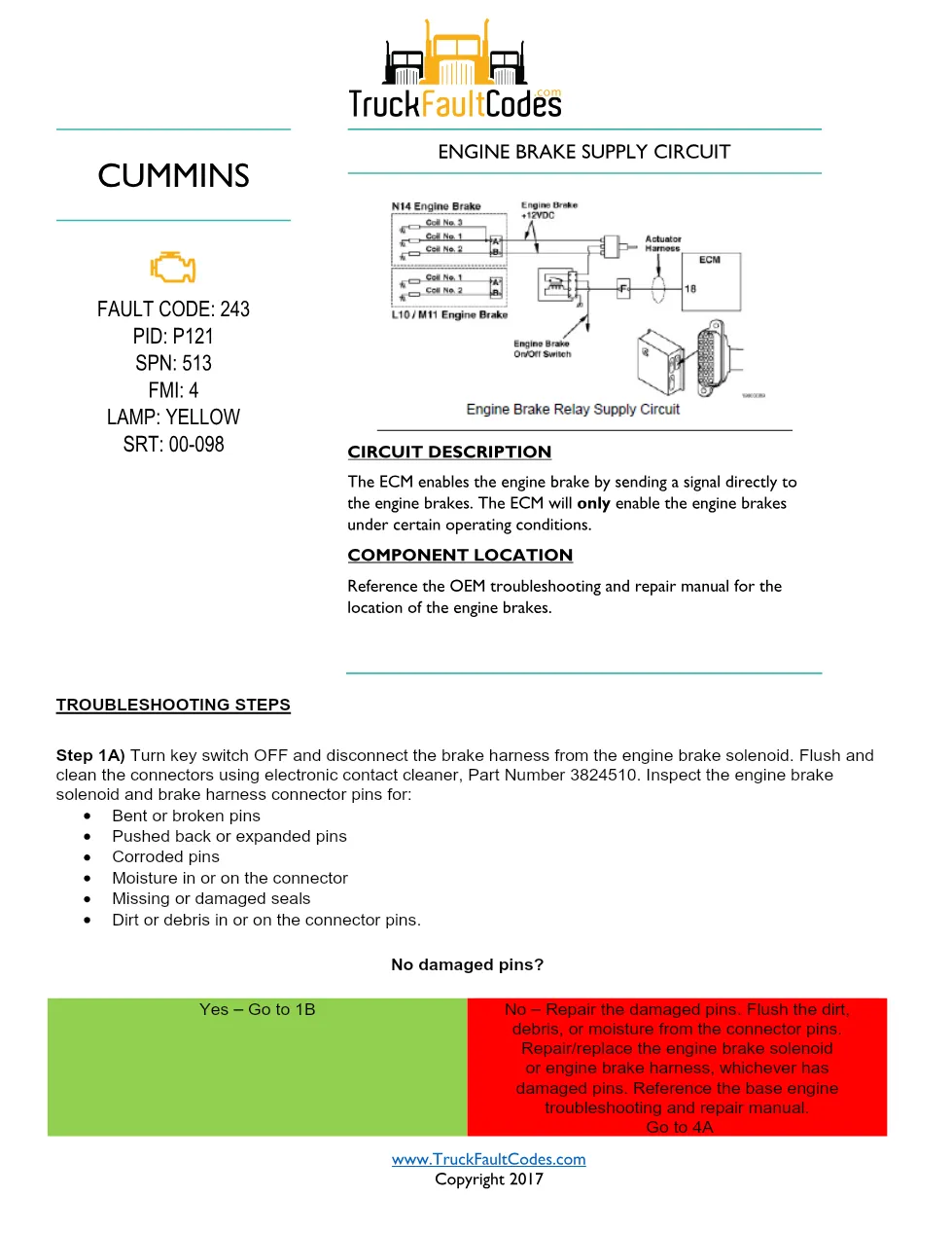 Cummins M11 code 243 — Engine Brake Supply Circuit Fault Code - preview page 1 of 4