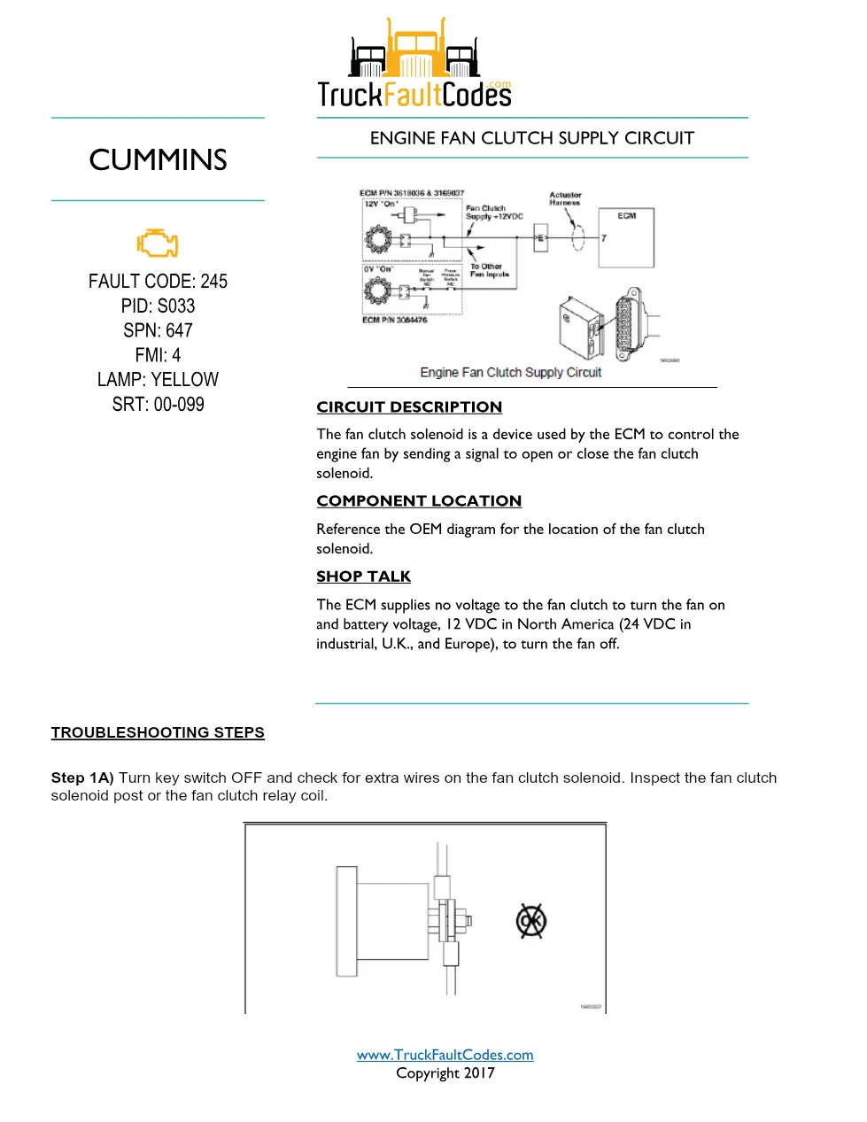 Cummins M11 code 245 — Engine Fan Clutch Supply Circuit Fault - preview page 1 of 5