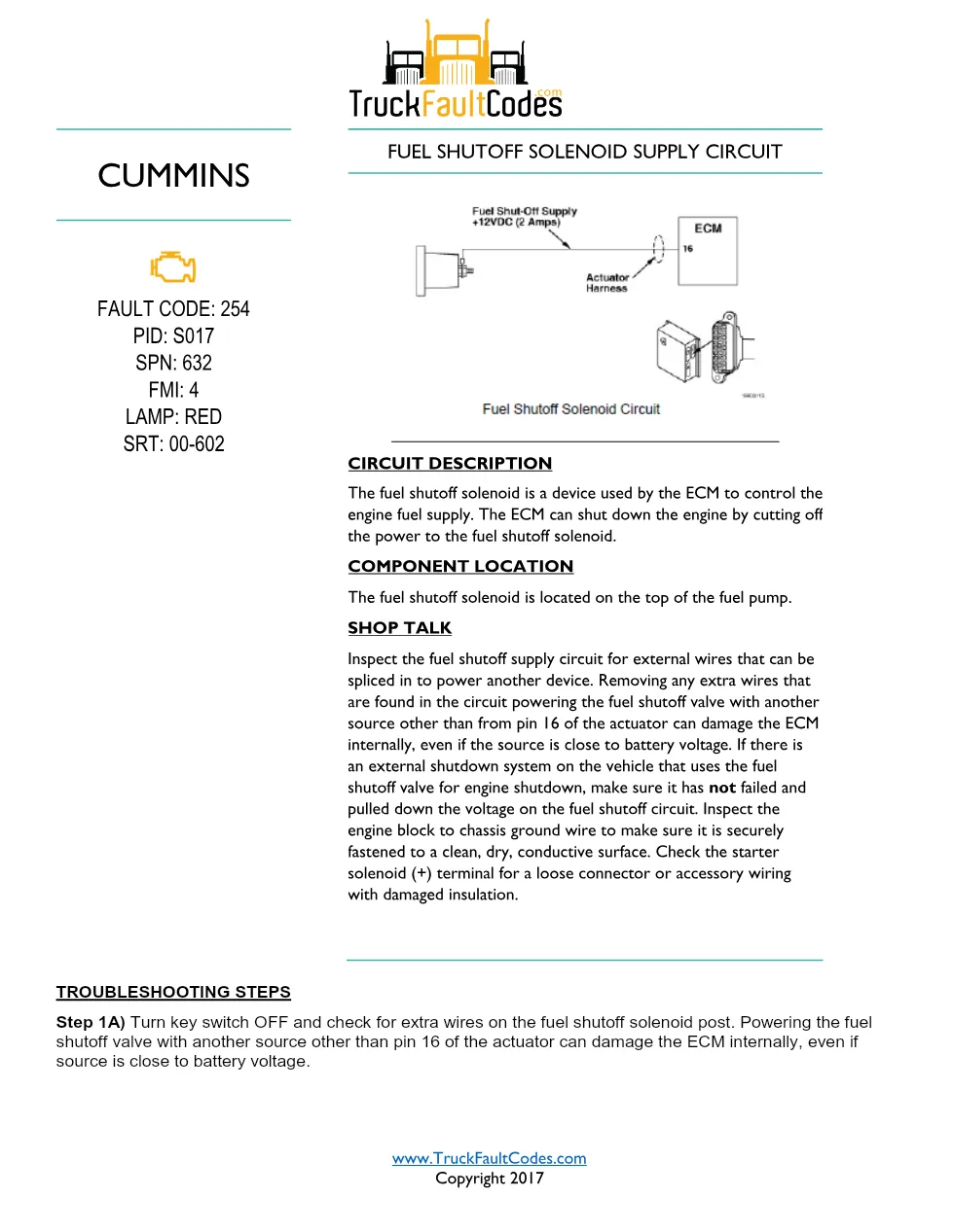 Cummins M11 code 254 — Fuel Shutoff Solenoid Supply Circuit Fault - preview page 1 of 5
