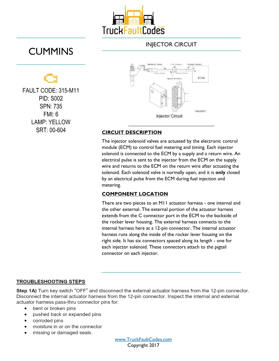 Cummins M11 code 315 injector circuit troubleshooting PDF — SPN - preview page 1 of 4
