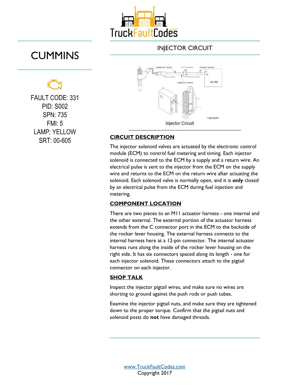 Cummins M11 code 331 injector circuit troubleshooting PDF — SPN - preview page 1 of 6